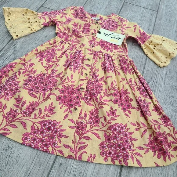 Utsa Kids Yellow Pink Floral Eyelet Bell Sleeve Dress 2Y NWT - Picture 4 of 8
